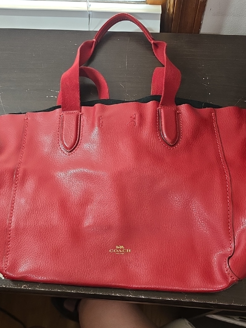 Coach Red Leather Tote with Gold Logo Accent
